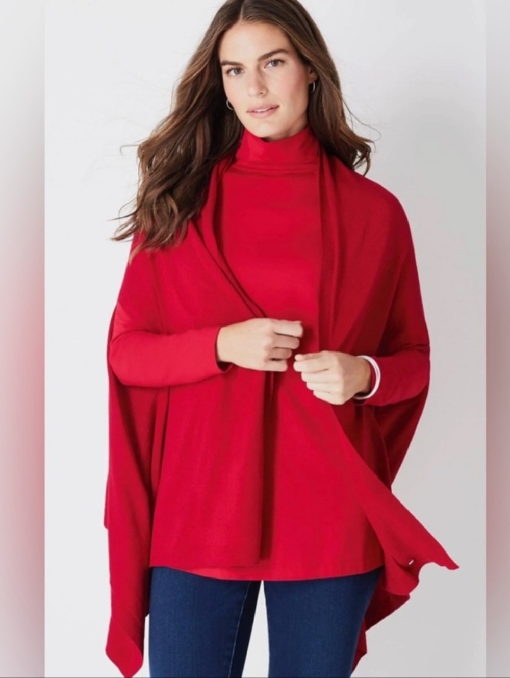 J Jill Red Lightweight Silk & Cotton Blend Classic Women's Wrap Ruana Sweater